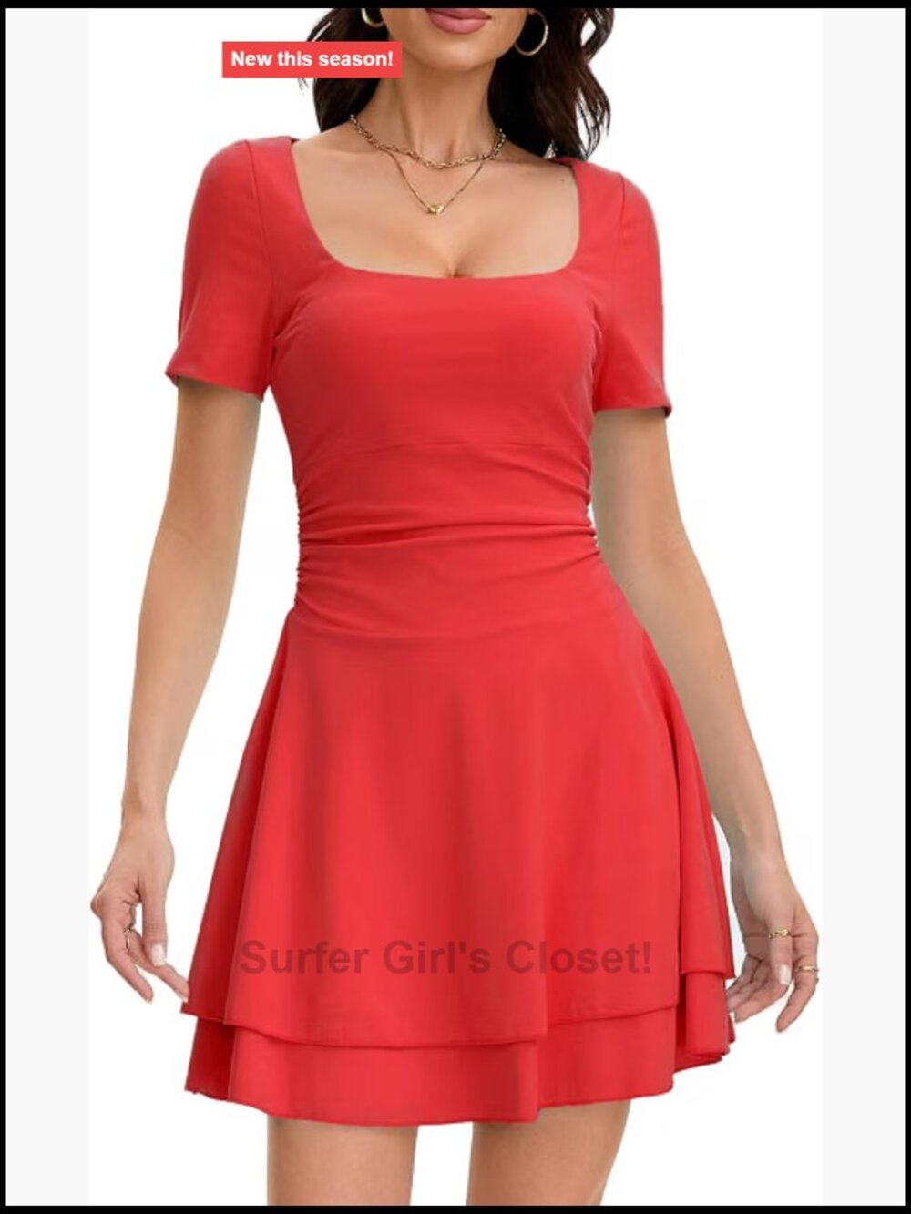 Women's Square Neck Ruffle Hem Mini Dress Ruched Waist Short Sleeve Corset Party